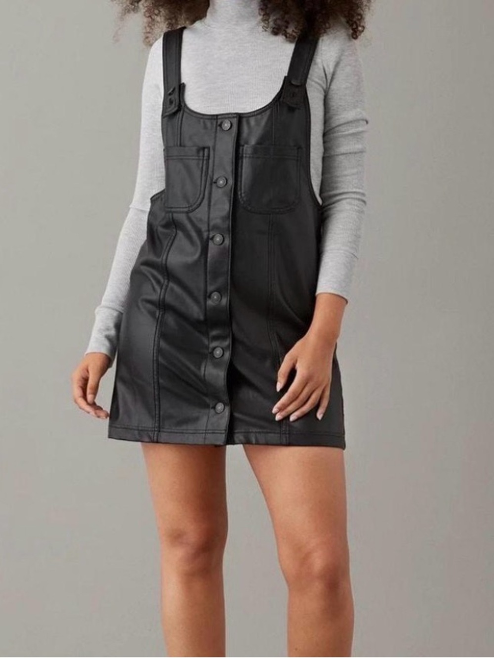 American Eagle Vegan Leather Pinafore Dress – Black – Size M